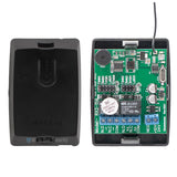 Sherlotronics 2 channel receiver 403MHz inside view with circuit board, wiring terminals, and cover for wireless security use