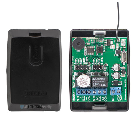 Sherlotronics 2 channel receiver 403MHz inside view with circuit board, wiring terminals, and cover for wireless security use