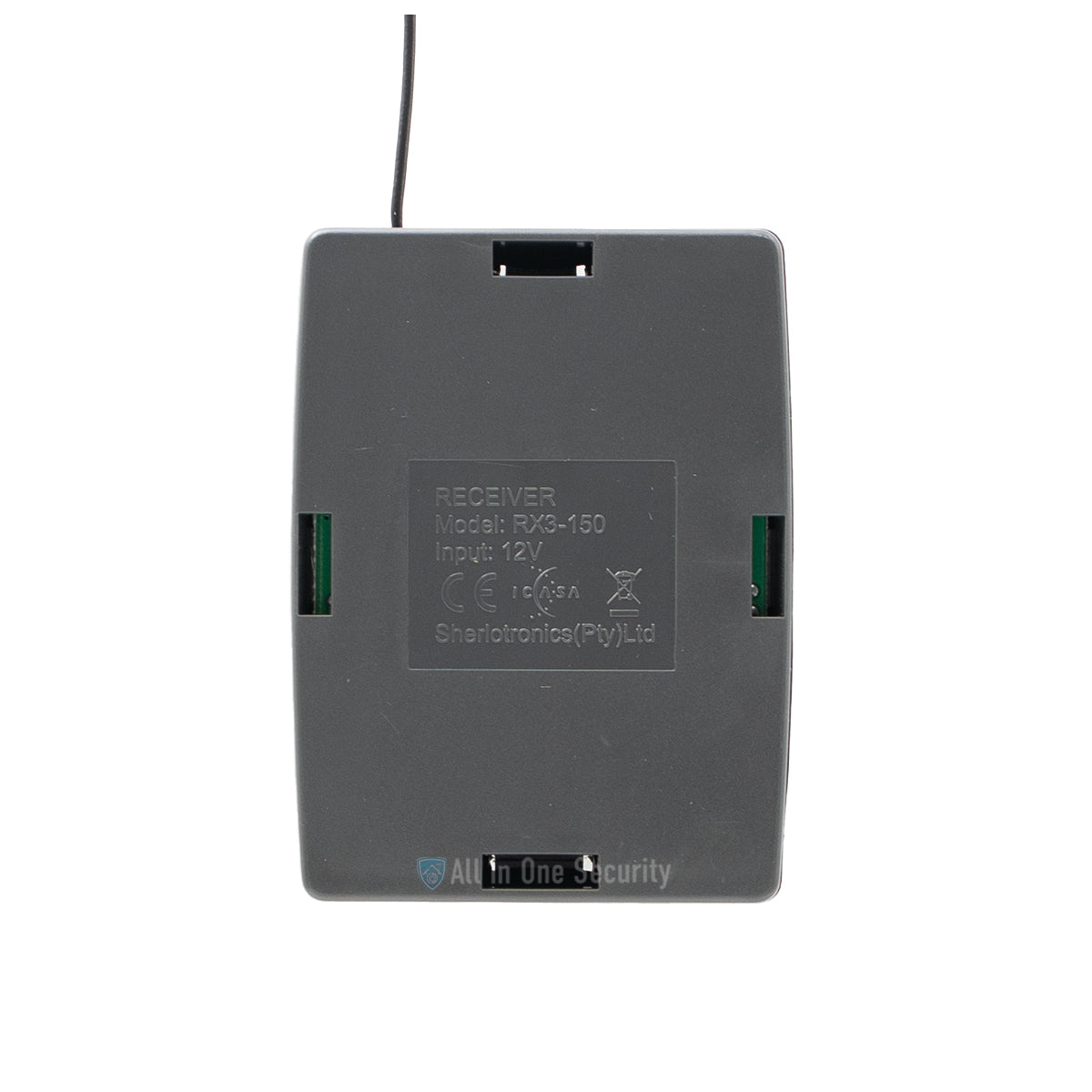 Sherlotronics 3 channel 403MHz receiver back view showing model RX3-150 label, 12V input details, and durable casing design.