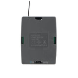 Sherlotronics 3 channel 403MHz receiver back view showing model RX3-150 label, 12V input details, and durable casing design.