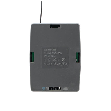 Sherlotronics 3 channel 403MHz receiver back view showing model RX3-150 label, 12V input details, and durable casing design.