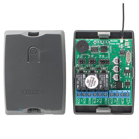 Sherlotronics 3 channel 403MHz receiver inside view with circuit board, relays, terminals and learn button for security systems.
