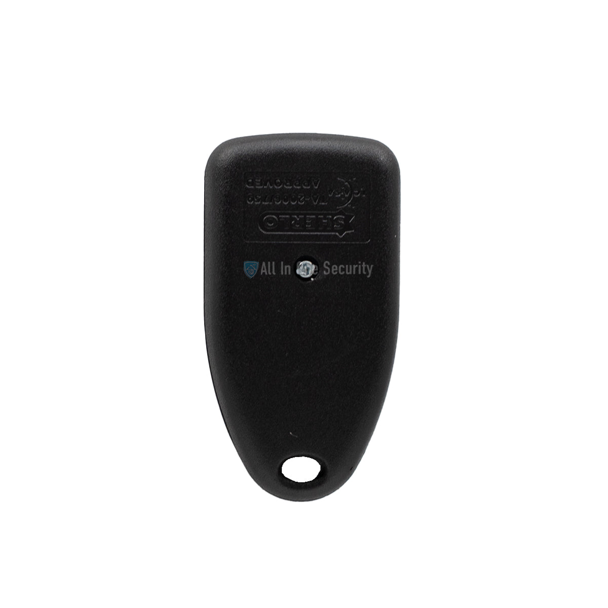 Sherlotronics 4-button remote transmitter 403 MHz back view showing compact black casing  and keyring hole.