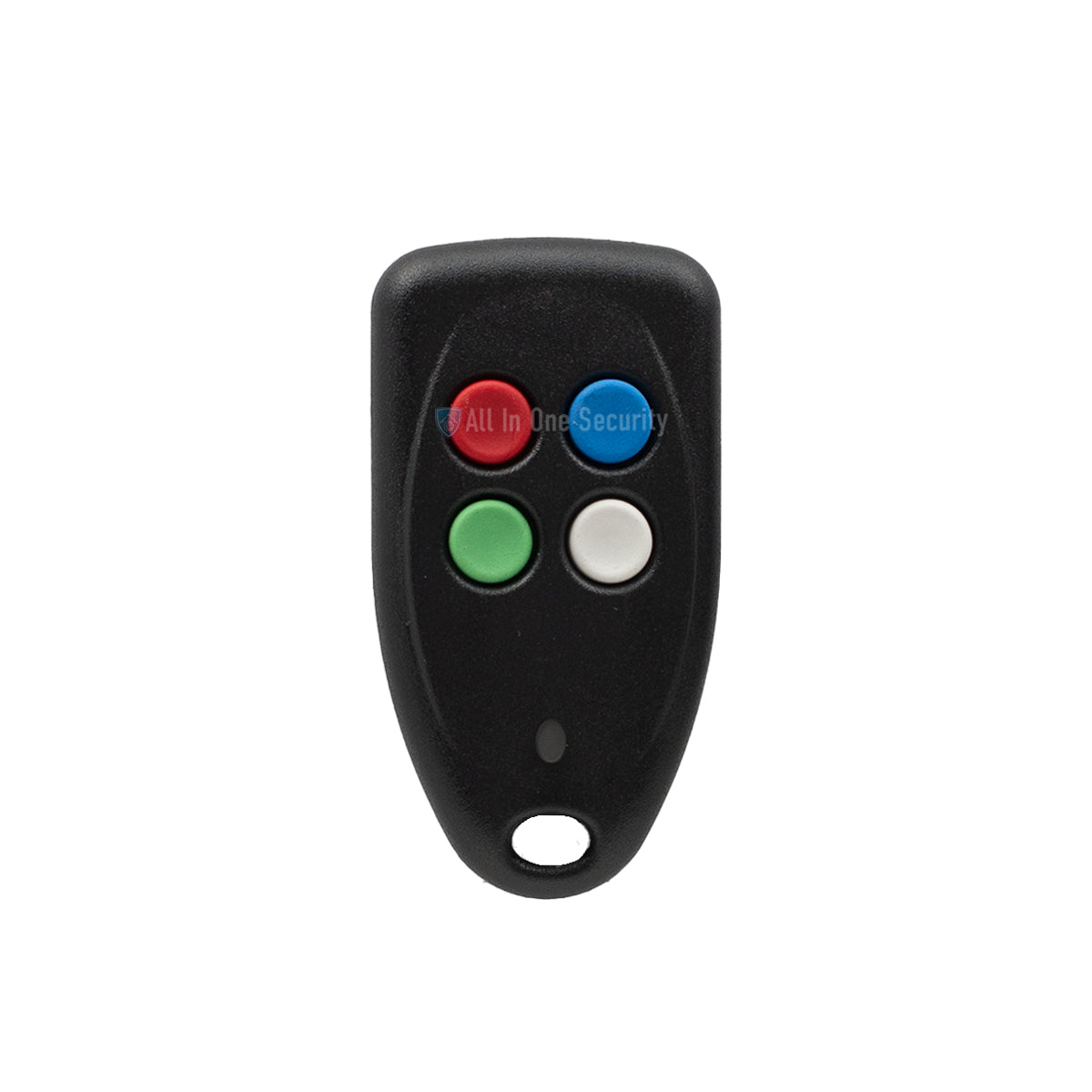 Front view of Sherlotronics 4-button remote transmitter, 403 MHz, with multi colour buttons.