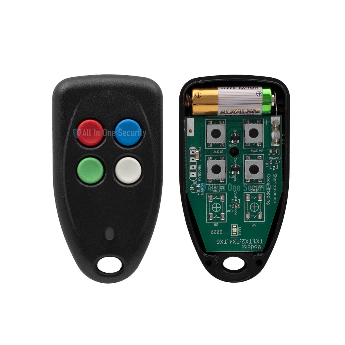 Inside view of a Sherlotronics 4-button remote transmitter, 403 MHz.
