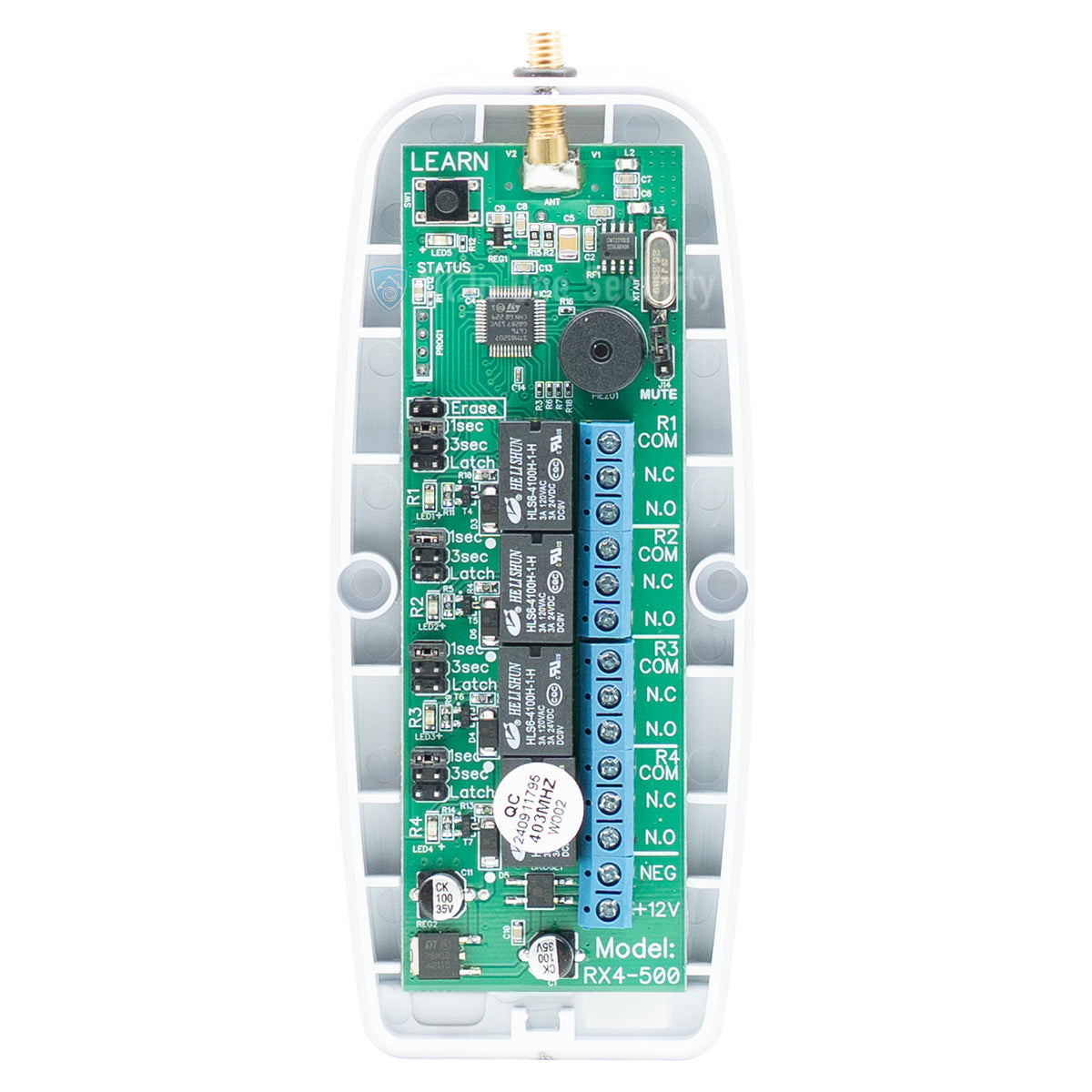 Sherlotronics 4 channel 500m range receiver 403MHz PCB view showing electronic components and wiring terminals