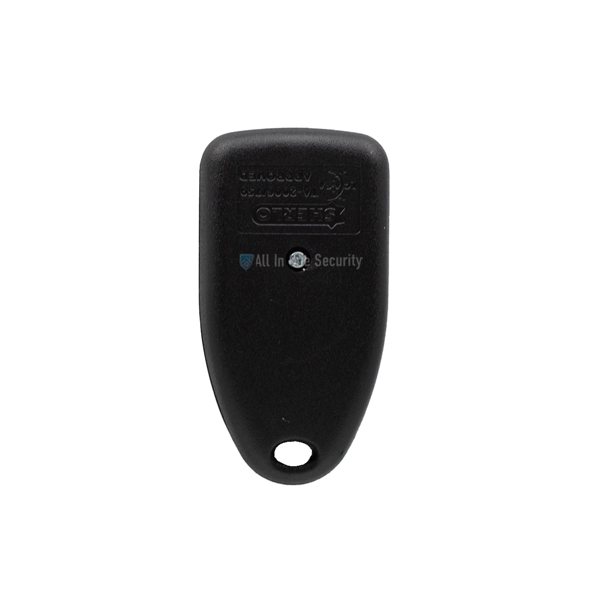 Back view of Sherlotronics 6-button remote transmitter (403 MHz) with keyring hole.