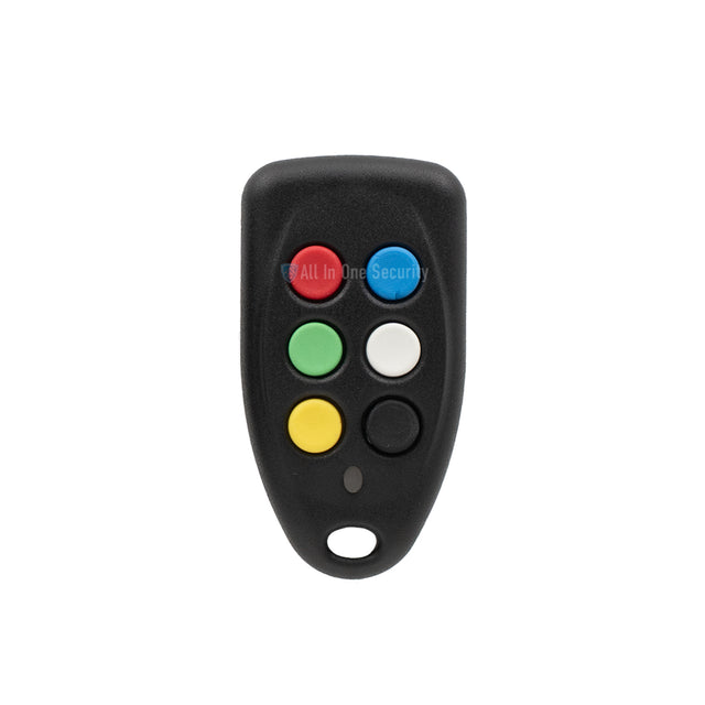 Sherlotronics 6-button remote transmitter 403 MHz front view featuring six multicolored buttons.