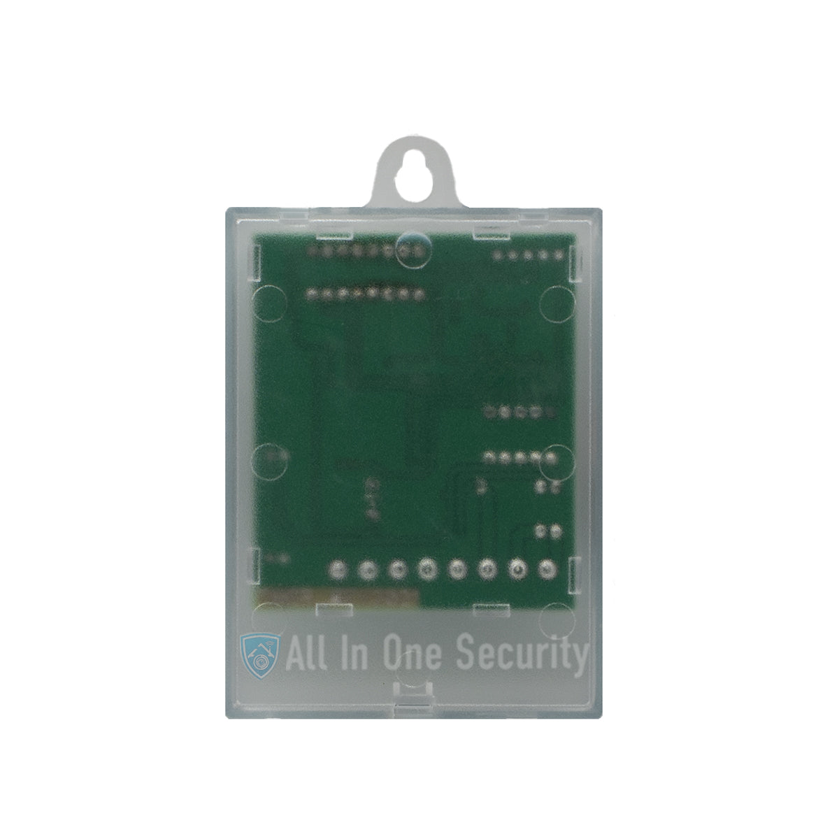 Device back view with green PCB visible through clear protective casing