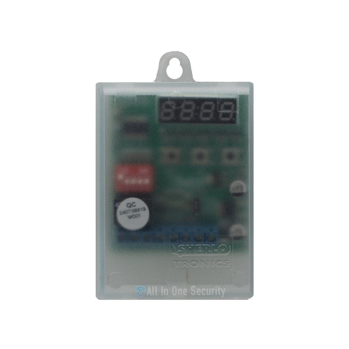 Sherlotronics multifunction digital timer module front view with protective casing, LED display, and secure enclosure design
