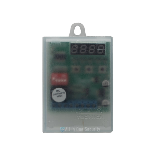 Sherlotronics multifunction digital timer module front view with protective casing, LED display, and secure enclosure design