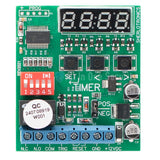 Sherlotronics multifunction digital timer module PCB view with LED display, DIP switches, control buttons, and terminal block.