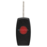Sherlotronics PTX1 panic button remote 403MHz front view with black casing, red emergency button, and keychain attachment.
