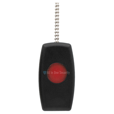 Sherlotronics PTX1 panic button remote 403MHz front view with black casing, red emergency button, and keychain attachment.