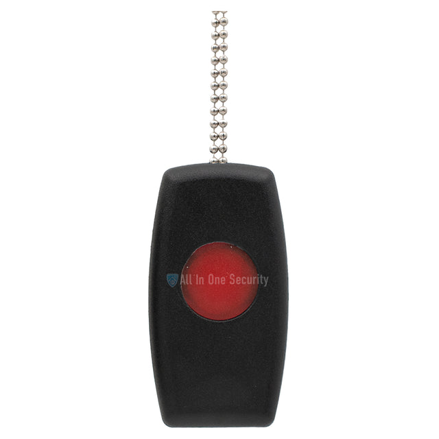 Sherlotronics PTX1 panic button remote 403MHz front view with black casing, red emergency button, and keychain attachment.