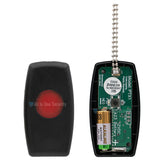 Sherlotronics PTX1 panic button remote 403MHz inside view showing circuit board, battery, and red emergency button