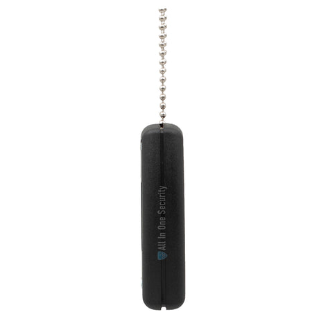 Sherlotronics PTX1 panic button remote 403MHz, slim side view with keychain attachment for compact personal security use