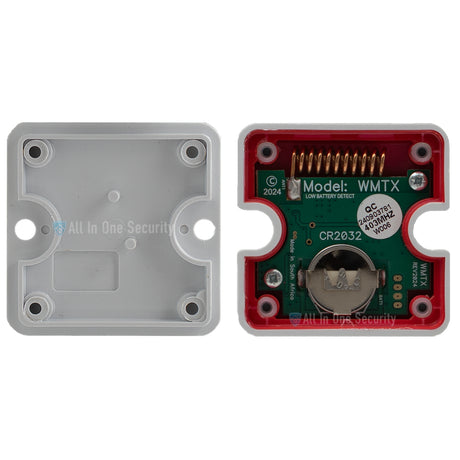 Sherlotronics wall mount panic remote WMTX 403MHz inside view showing CR2032 battery, circuit board, and low battery detection feature
