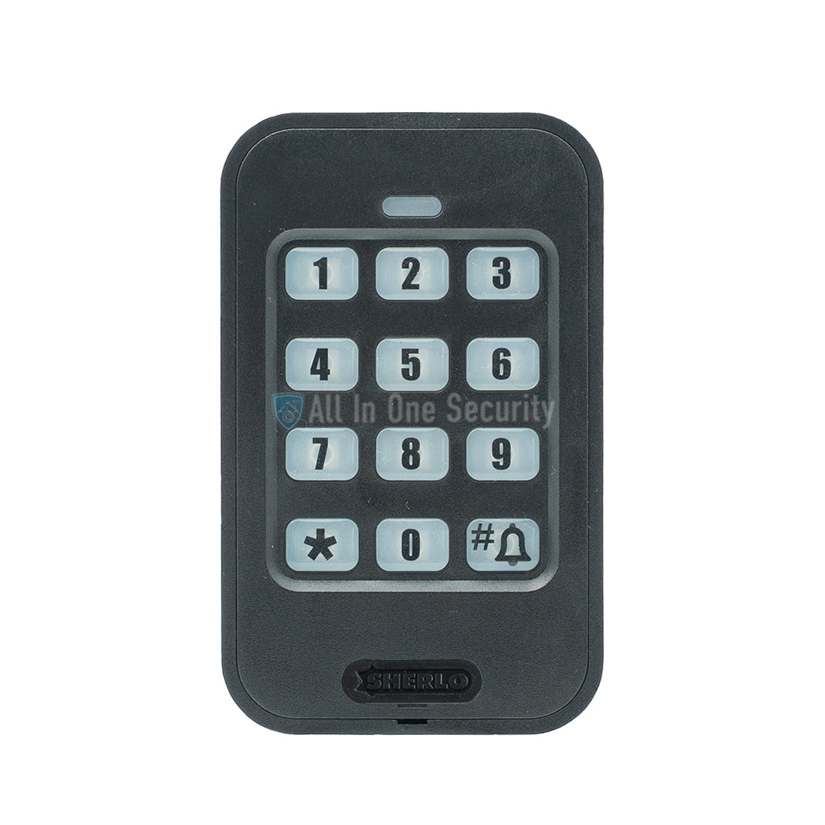 Sherlotronics wireless 9-channel 1000 user keypad front view with numeric buttons, star, zero, hash, and bell key.