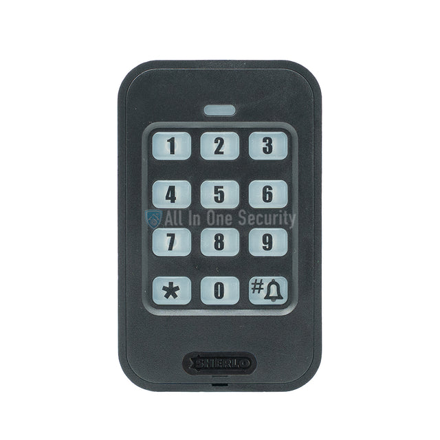 Sherlotronics wireless 9-channel 1000 user keypad front view with numeric buttons, star, zero, hash, and bell key.