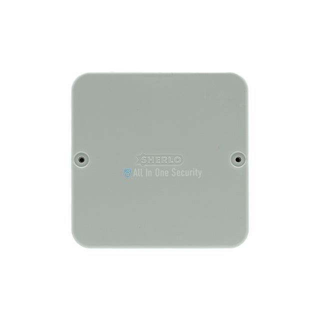 Sherlotronics wireless gate alarm transmitter 433Mhz front view with compact square design and secure mounting points