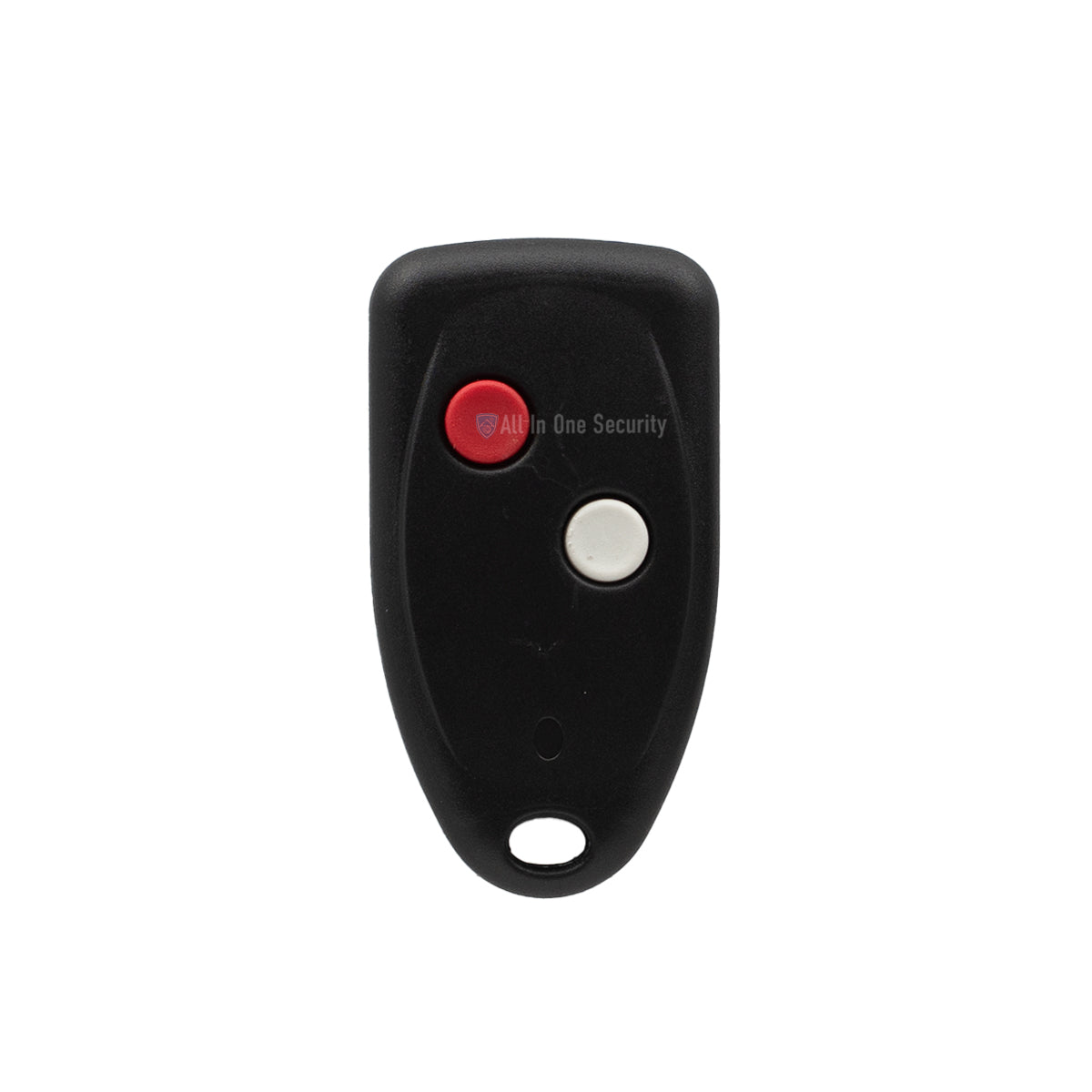 Front view of Sherlo Tronics 2-button remote transmitter, 403 MHz.featuring red and white buttons