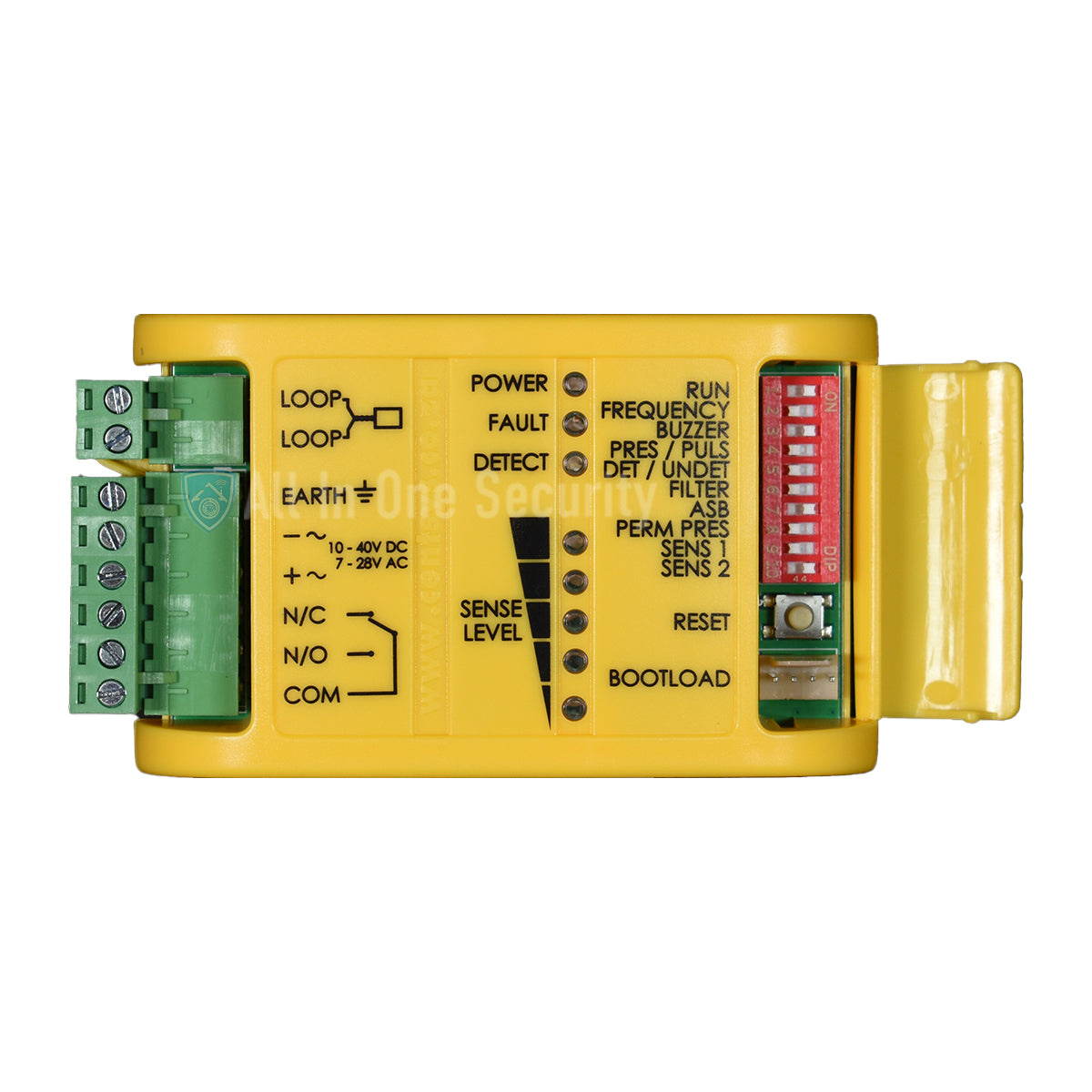 Close-up view of Centurion Flux SA 1-channel loop detector showing control panel, wiring terminals, and indicator lights.