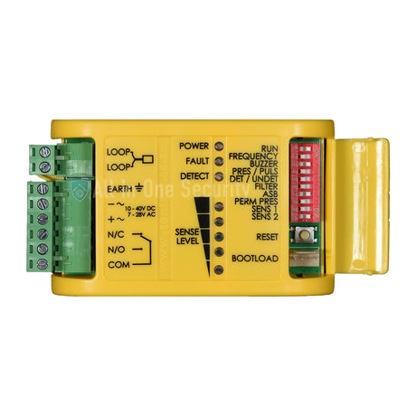 Close-up view of Centurion Flux SA 1-channel loop detector showing control panel, wiring terminals, and indicator lights.