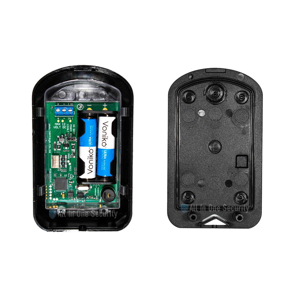 Inside view of Centurion SmartGuard Air wireless keypad showing battery compartment and circuit board components