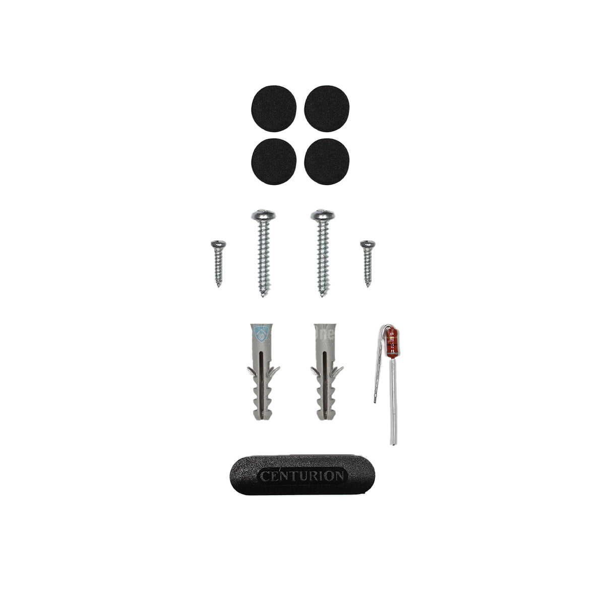 Centurion SmartGuard wired access keypad fastener set with screws, plugs, LED, pads, and branded cover.