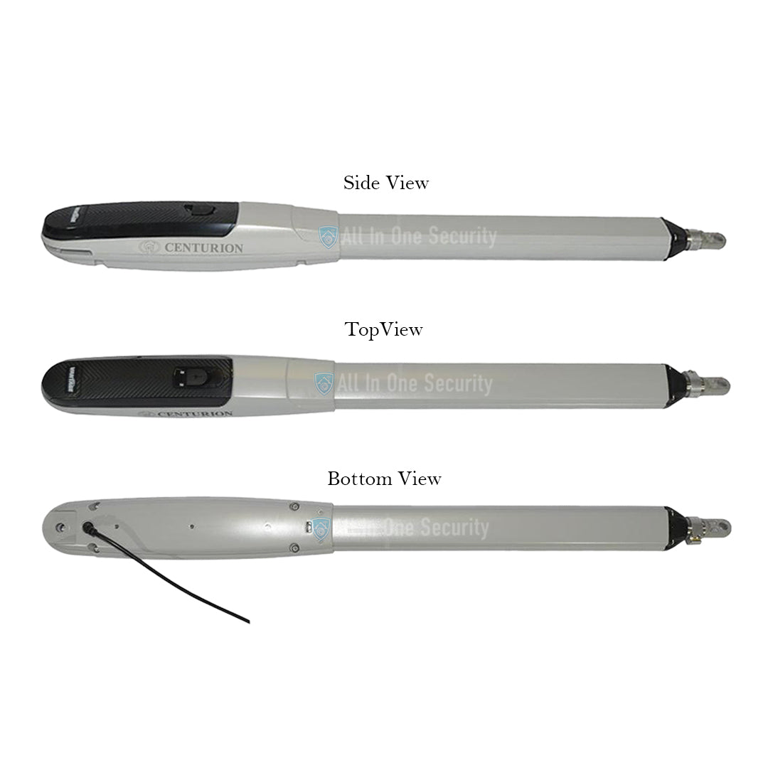 Centurion Vantage 400 swing gate motor shown in side, top, and bottom views for detailed design and installation reference
