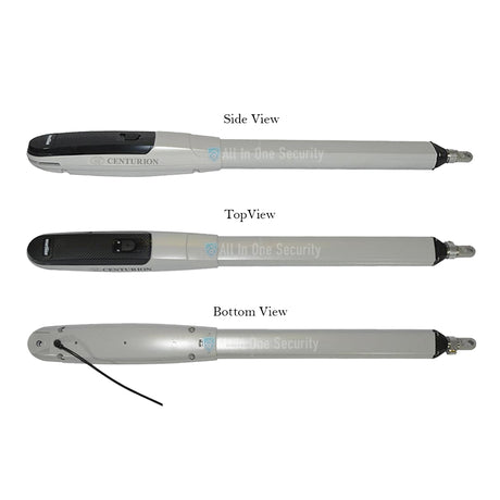 Centurion Vantage 400 swing gate motor shown in side, top, and bottom views for detailed design and installation reference