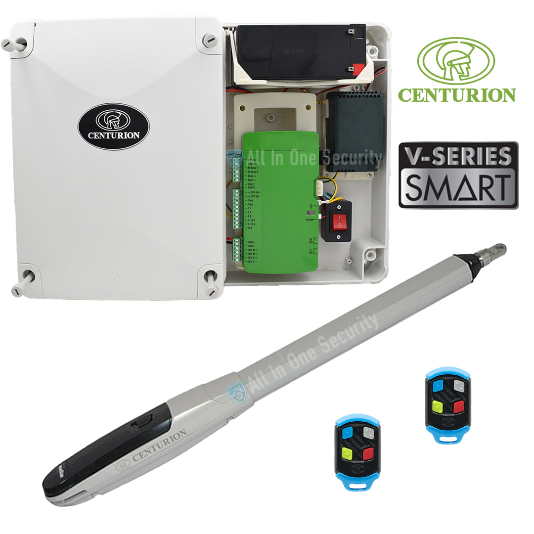 Centurion V-Series Smart 400 Single Swing Gate Motor Kit with control box and remotes for automatic gate operation.