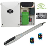 Centurion V-Series Smart 400 Single Swing Gate Motor Kit with control box and remotes for automatic gate operation.