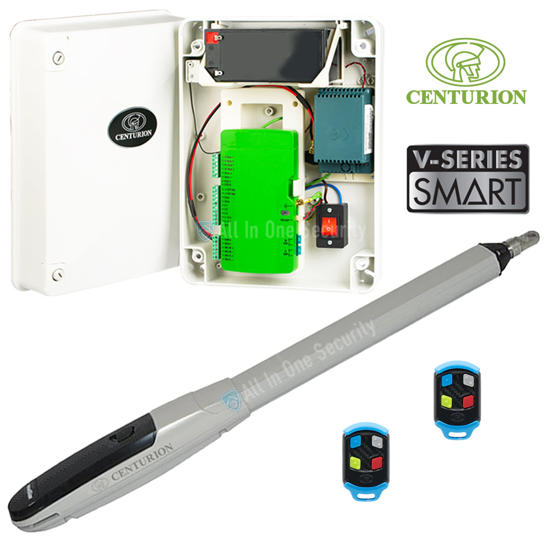 Centurion Vantage Smart 500 single swing gate motor kit with control box, remotes, and actuator arm.