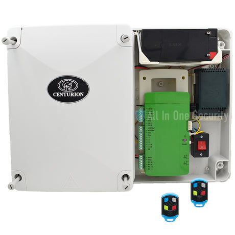Centurion Vantage smart gate control box kit with battery, circuit board, and two remote controls