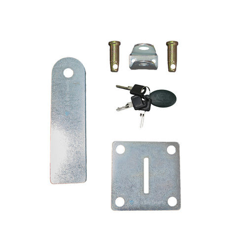 Centurion Vantage swing gate motor mounting bracket kit with lock pins, keys, and metal plates